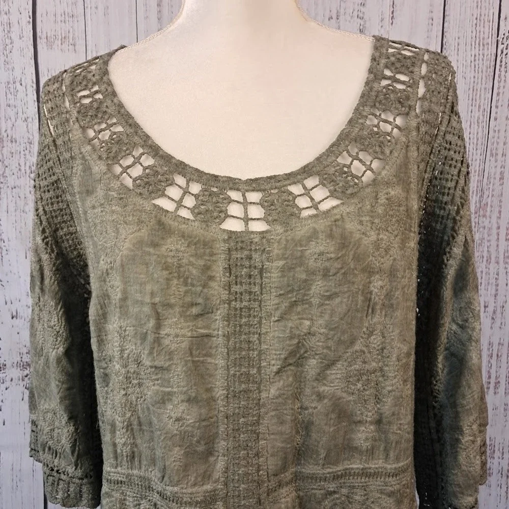 DEMOCRACY S Sage Green Mineral Wash Embroidered Smock‎ Top Boho Hippie Funky